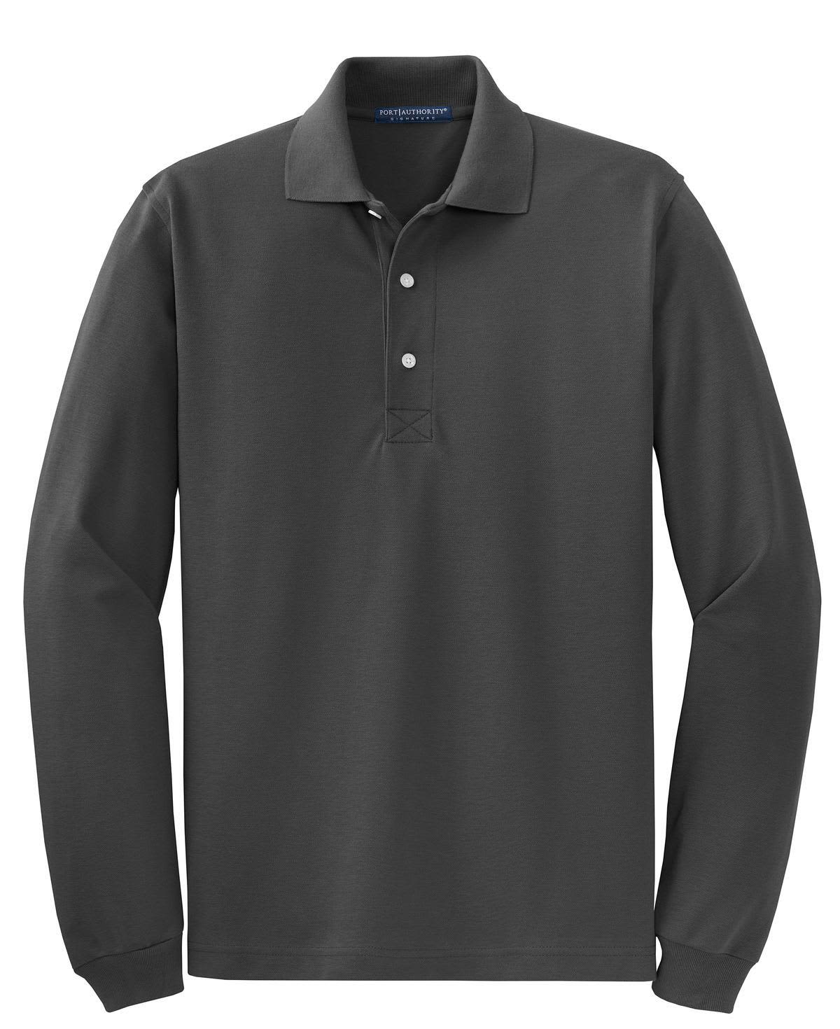 A dark grey long sleeve polo shirt featuring a collar and buttons, with a logo on the chest.