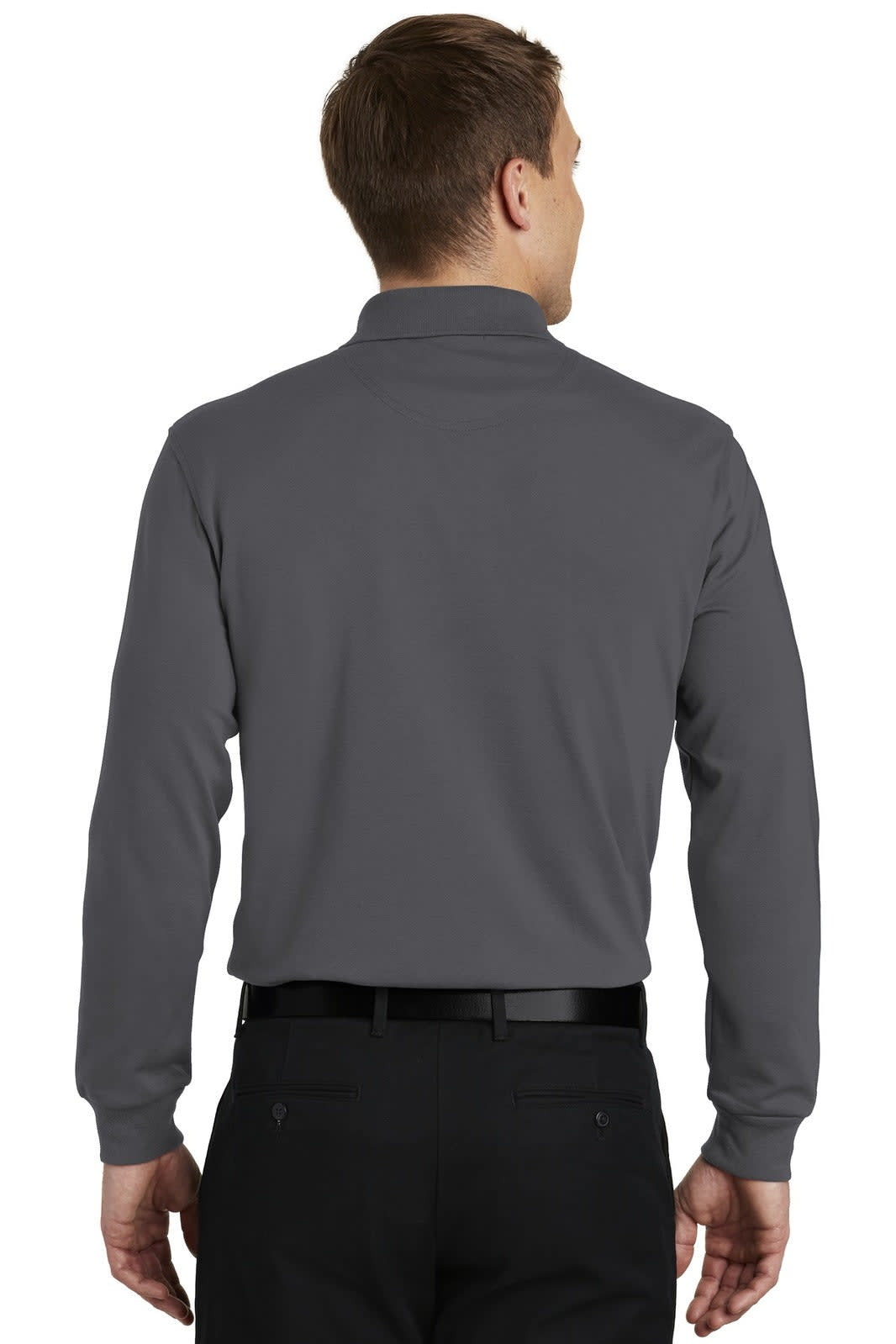 A man wearing a grey long sleeve polo shirt, viewed from the back, with a logo on the collar.