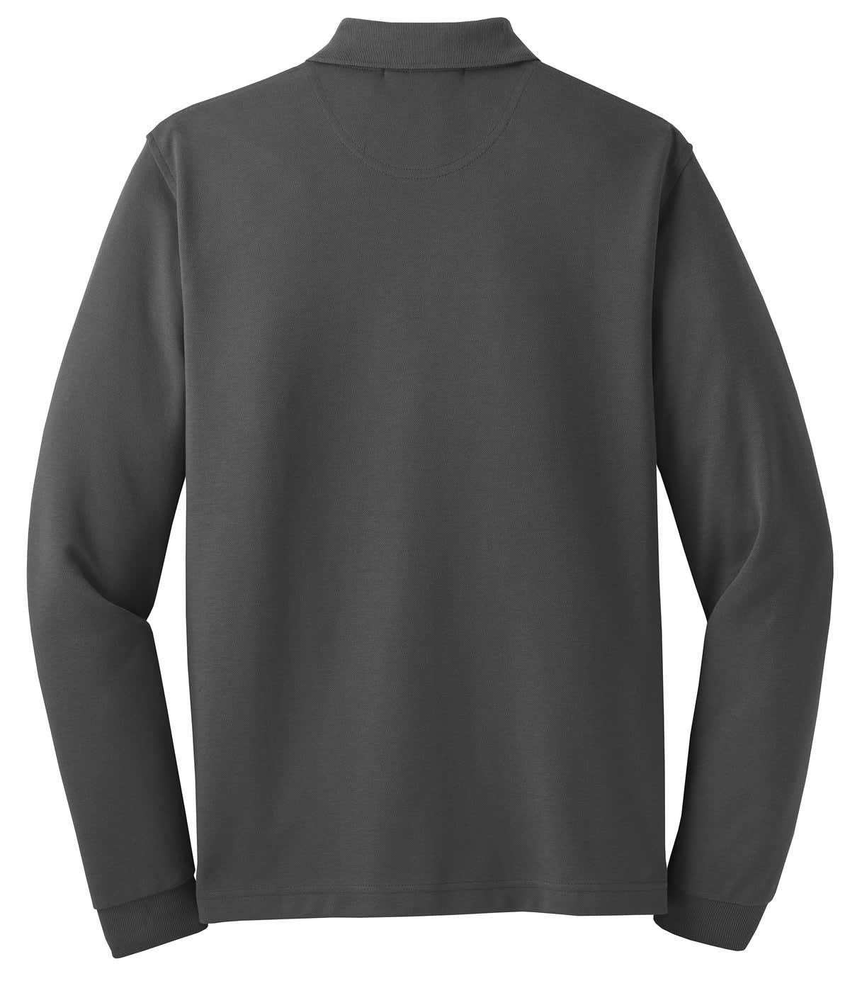 A dark grey long sleeve polo shirt with a collar and long sleeves, featuring a logo.