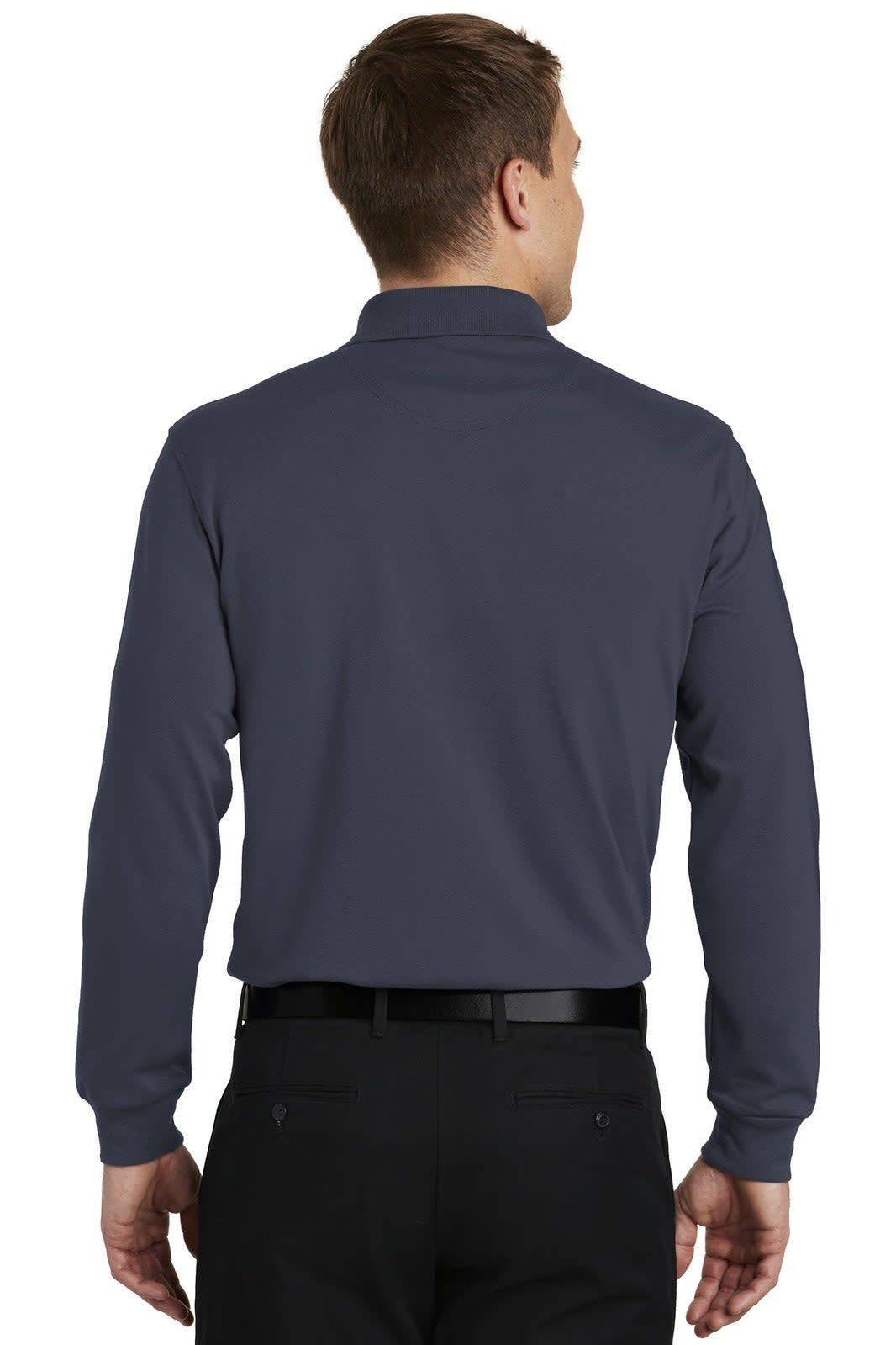 A navy long sleeve polo shirt with a collar, featuring a logo on the back, paired with black trousers.