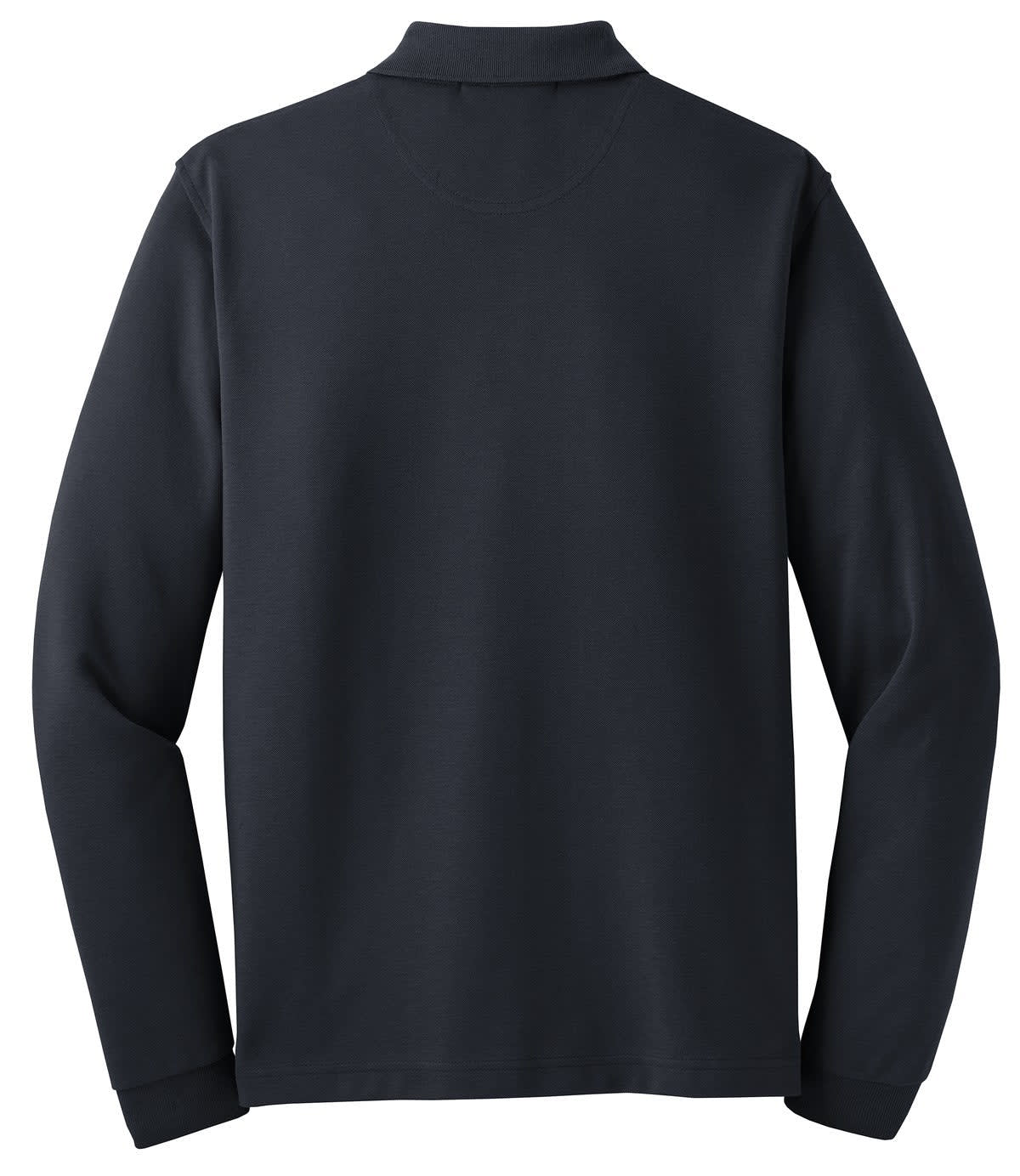 A navy long sleeve polo shirt with a collar and a simple design, featuring a logo on the back.