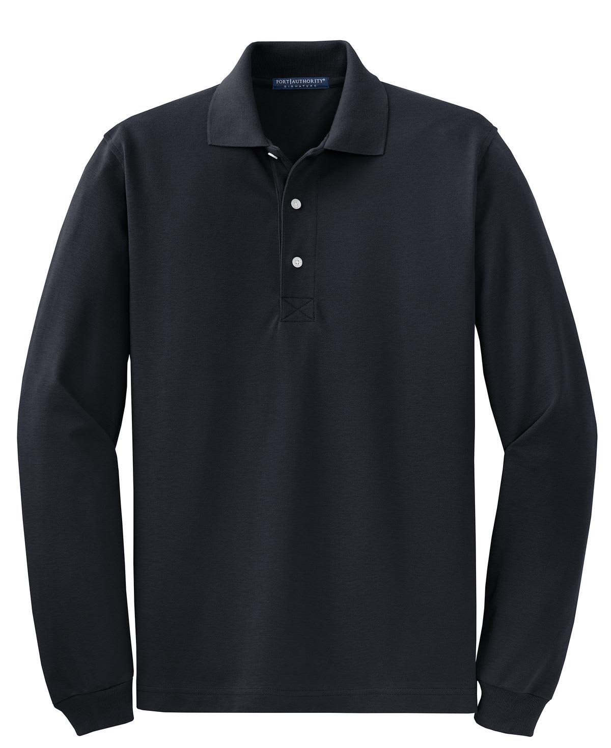 A black long sleeve polo shirt with a classic collar and a three-button placket, featuring a small logo.