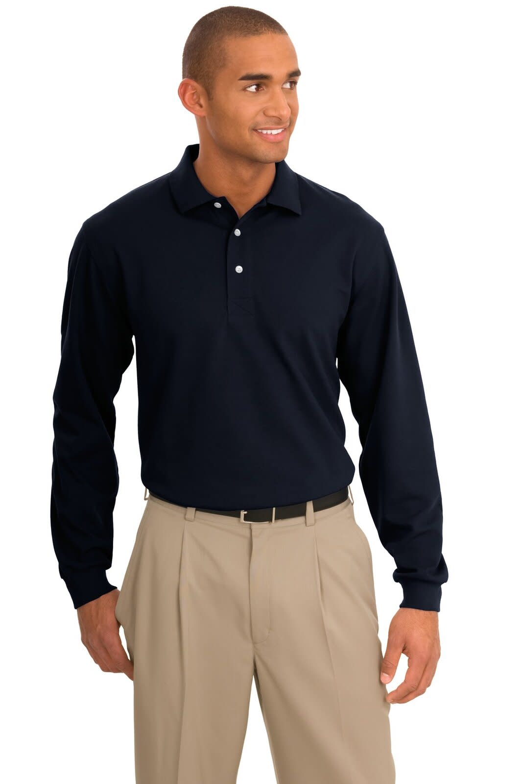 A long sleeve navy polo shirt with a collar, paired with light-coloured trousers. The shirt features a logo.