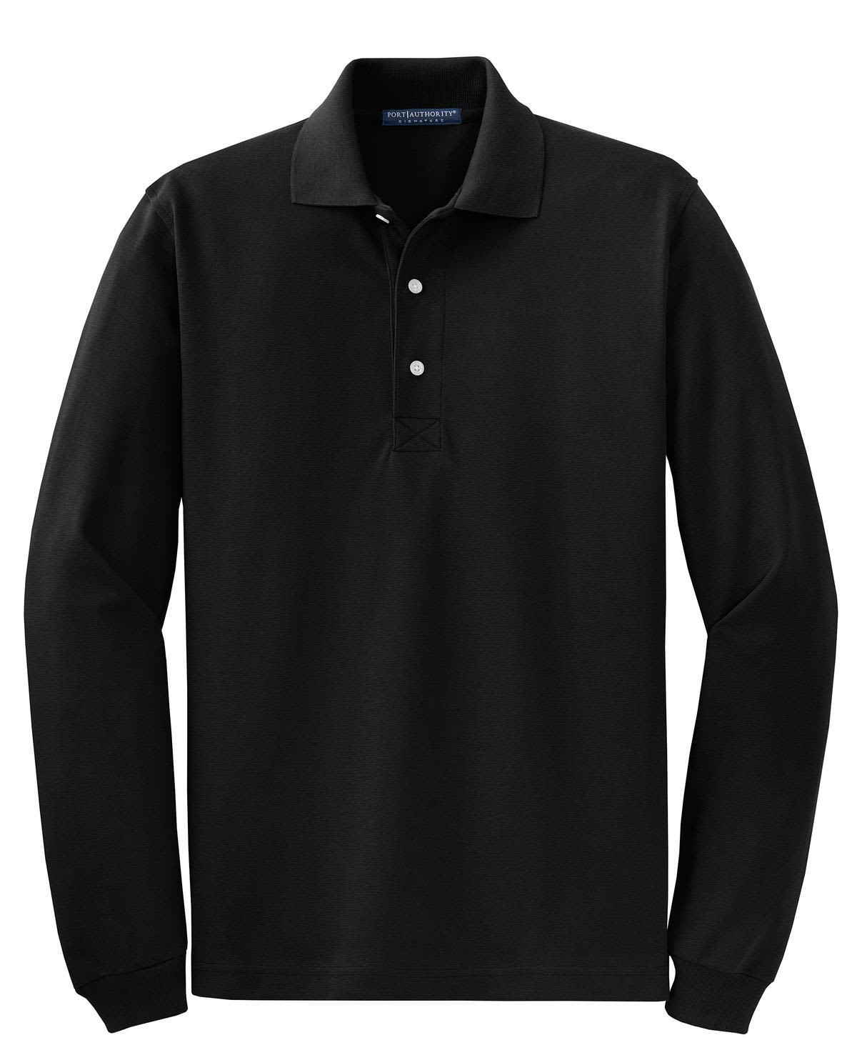 A black long sleeve polo shirt featuring a collar and three-button placket, with a logo on the chest.