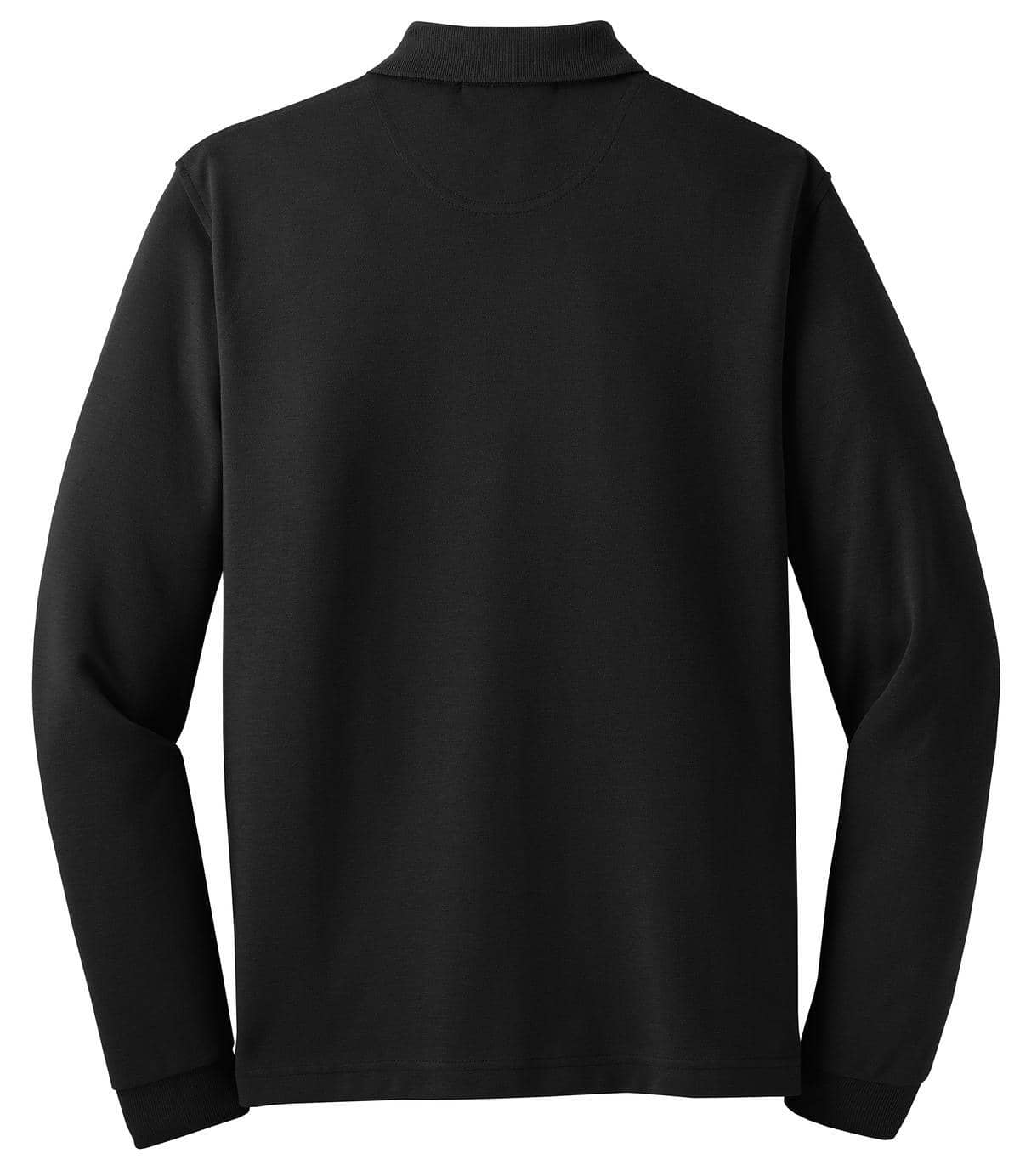 A black long sleeve polo shirt with a collar, featuring a logo on the back.