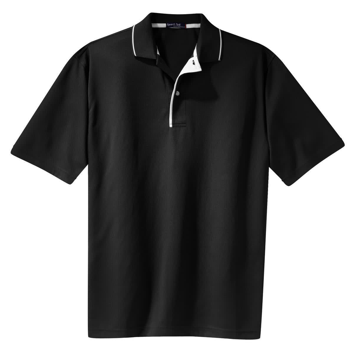 A black polo shirt featuring a tipped collar and piping, with a logo on the front.