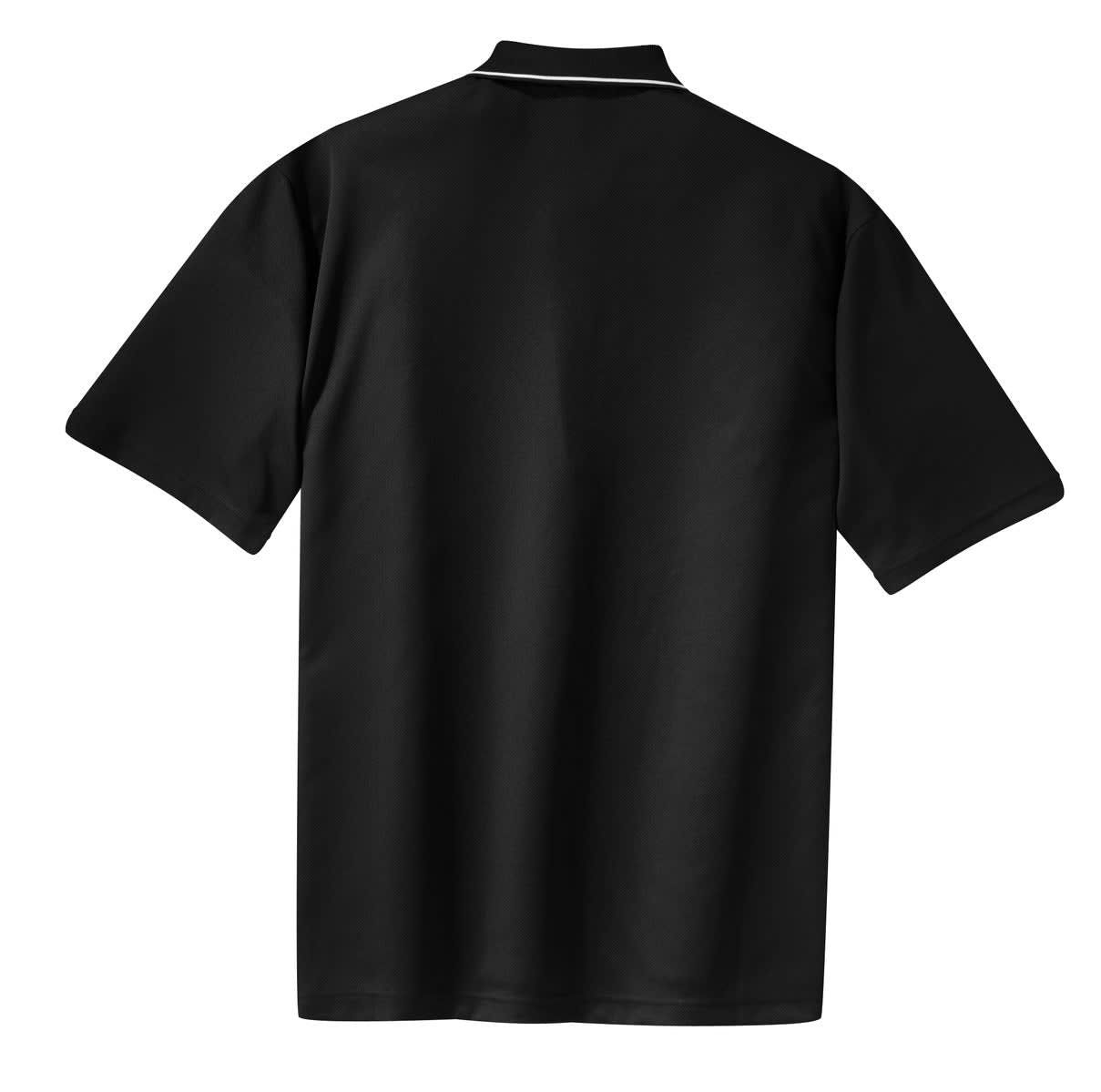 A black polo shirt with a tipped collar and piping, featuring a logo on the back.