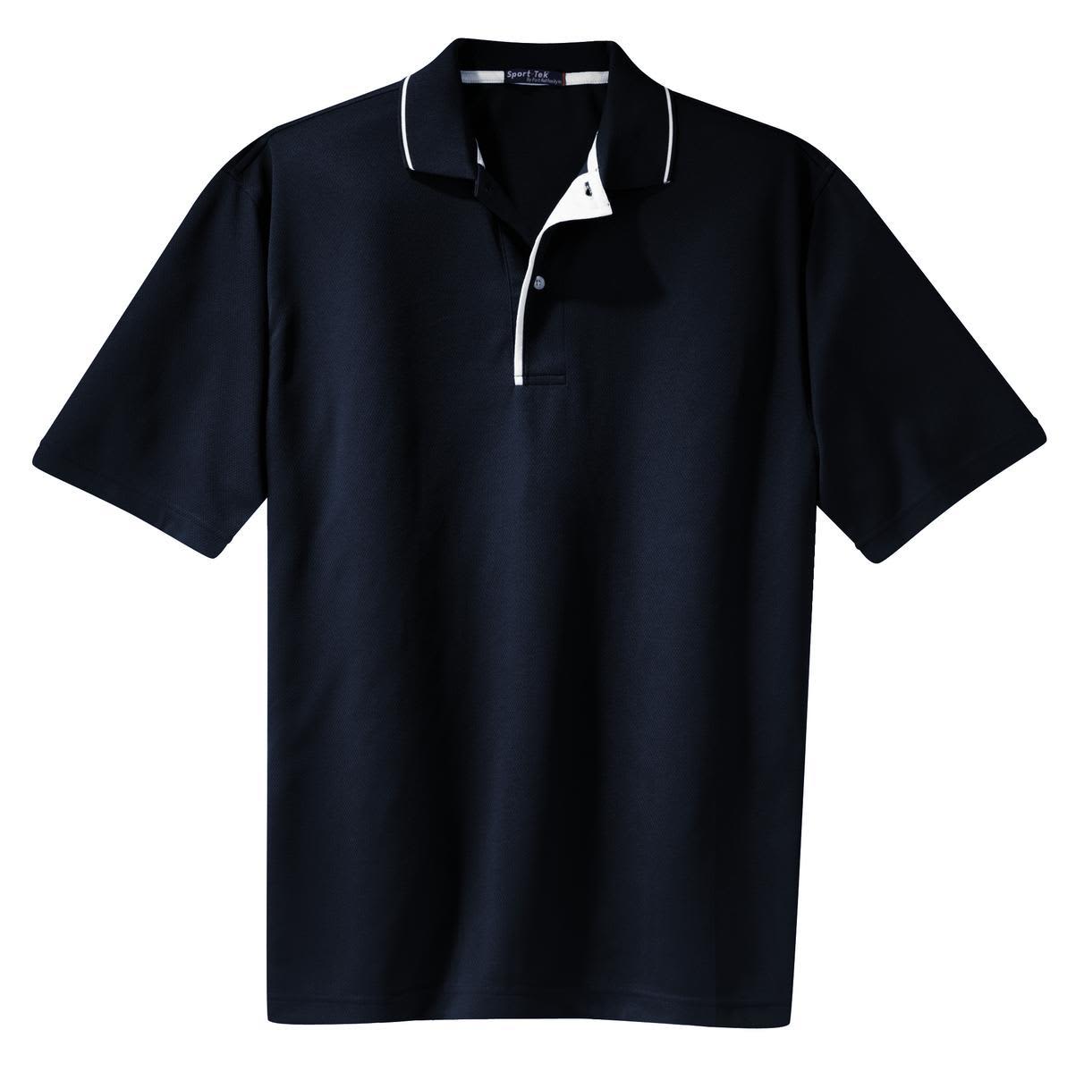 A navy polo shirt featuring a tipped collar and piping, with a logo on the chest.