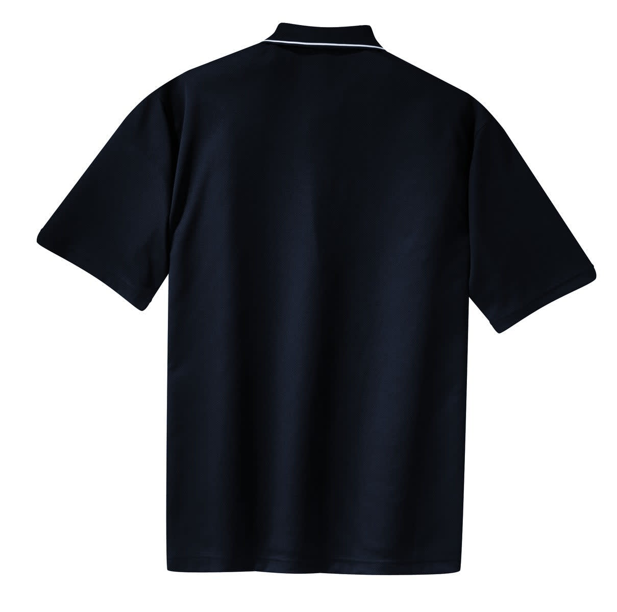 A navy polo shirt with a tipped collar and piping, featuring a logo on the front.