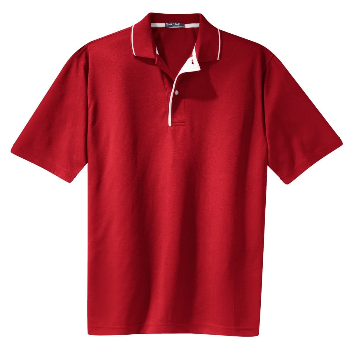 A red polo shirt with a tipped collar and piping, featuring short sleeves and a logo.