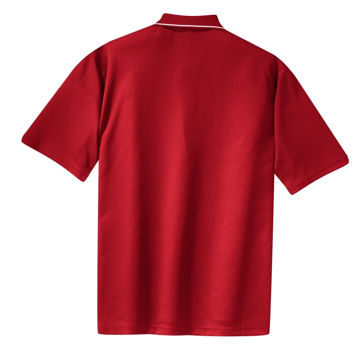 A red Sport-Tek Dri-Mesh polo shirt featuring a tipped collar and piping, with a plain back and a logo.