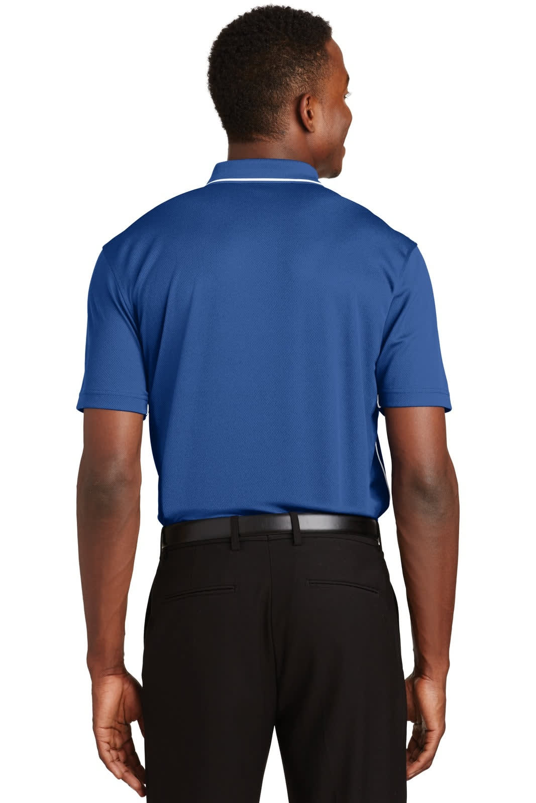 A blue Sport-Tek Dri-Mesh polo shirt with a tipped collar and piping, displayed from the back.
