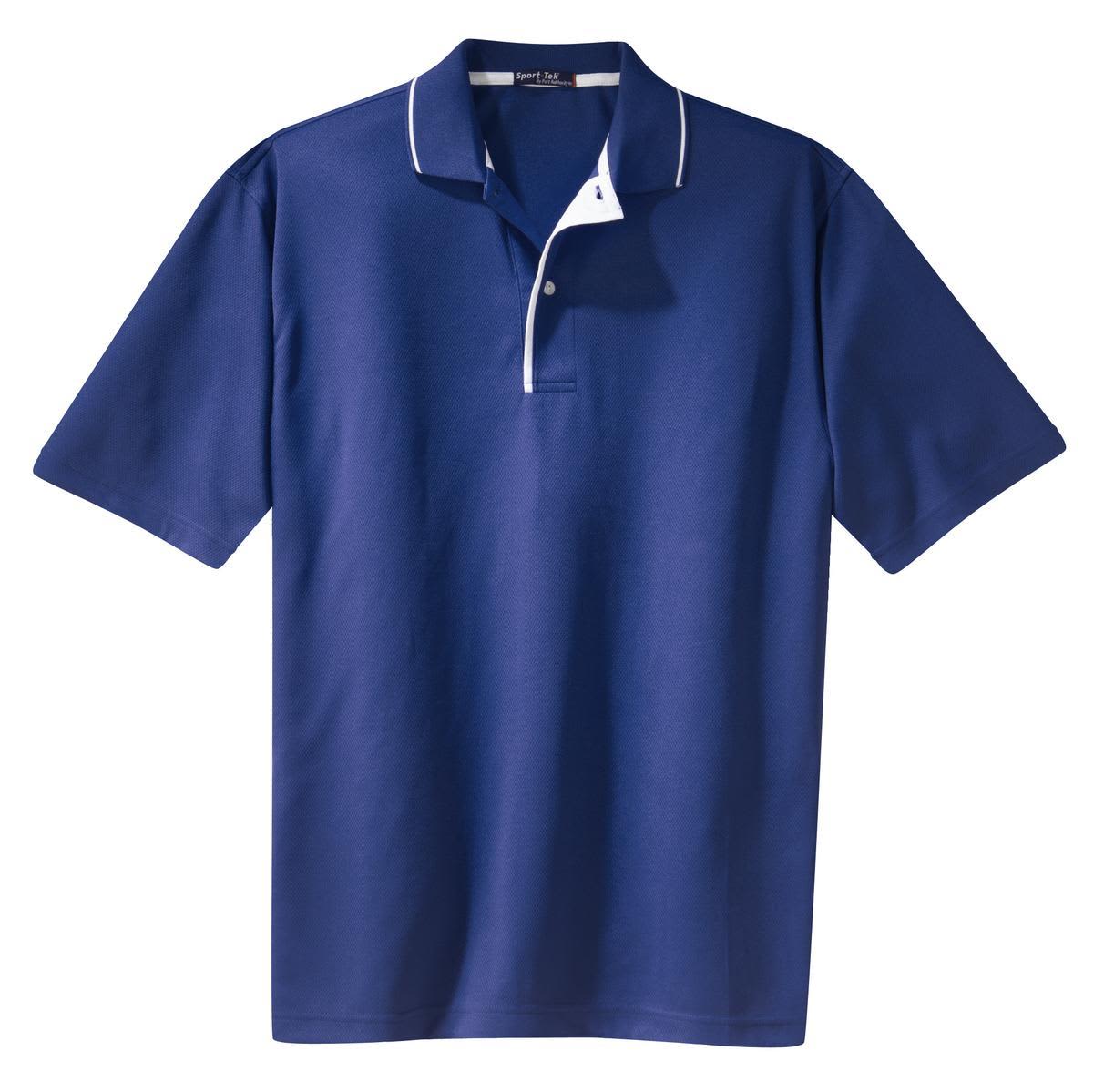 A navy blue polo shirt featuring a tipped collar and piping, with a logo on the chest.