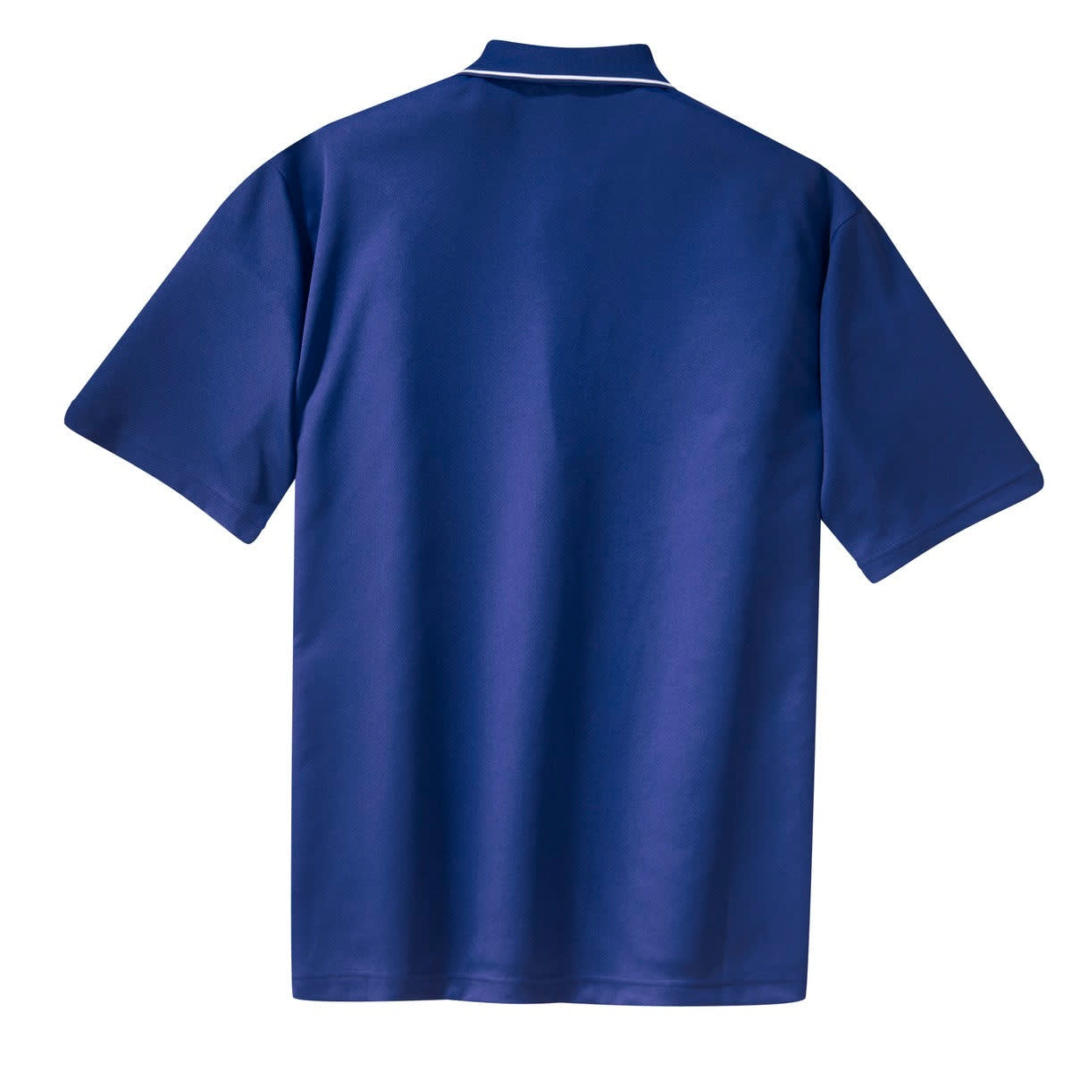 A blue Sport-Tek Dri-Mesh polo shirt featuring a tipped collar and piping, showcasing the back view.