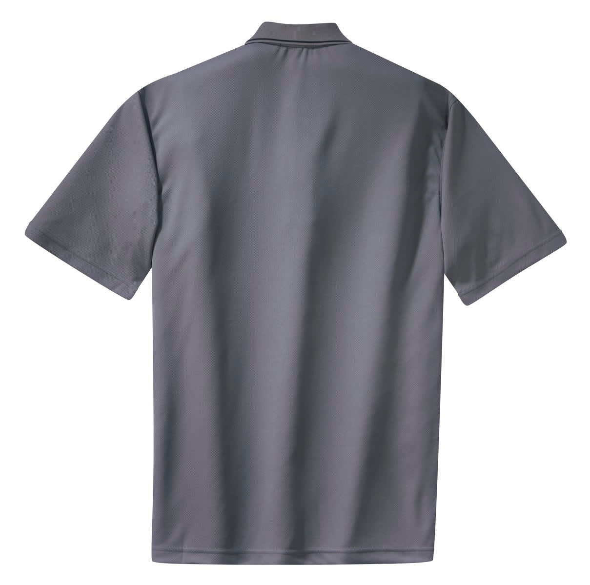 A grey Sport-Tek Dri-Mesh polo shirt featuring a tipped collar and piping, with a logo on the back.