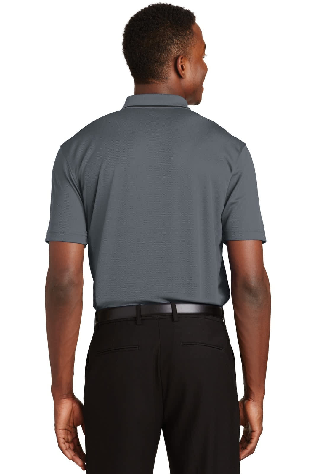 A grey Sport-Tek Dri-Mesh polo shirt with a tipped collar and piping, viewed from the back.