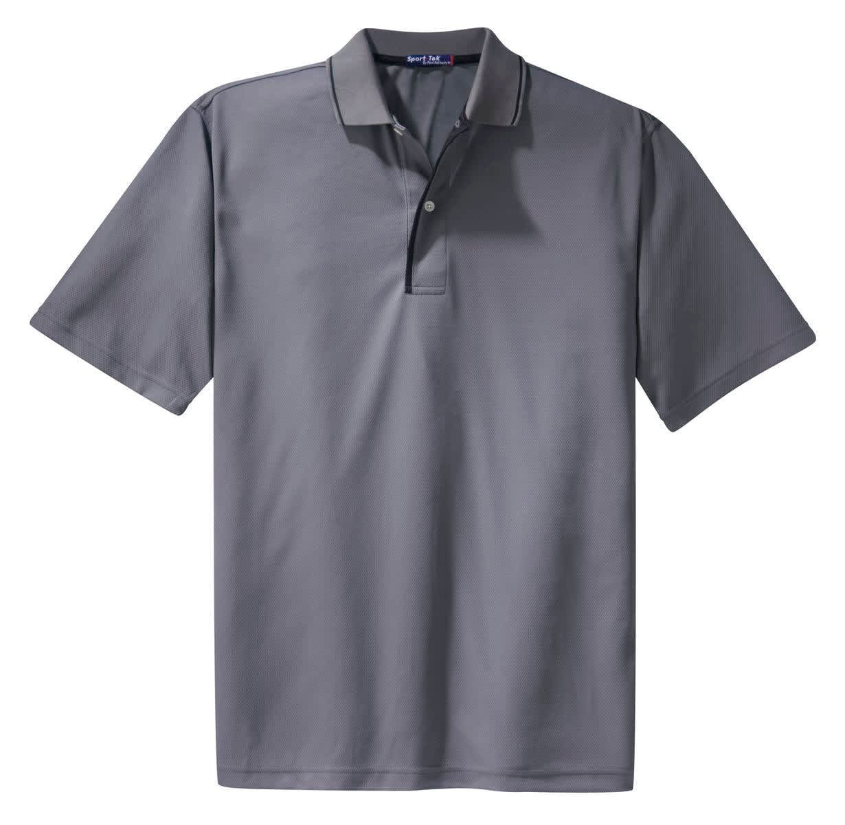 A grey polo shirt with a tipped collar and piping, featuring a subtle logo.