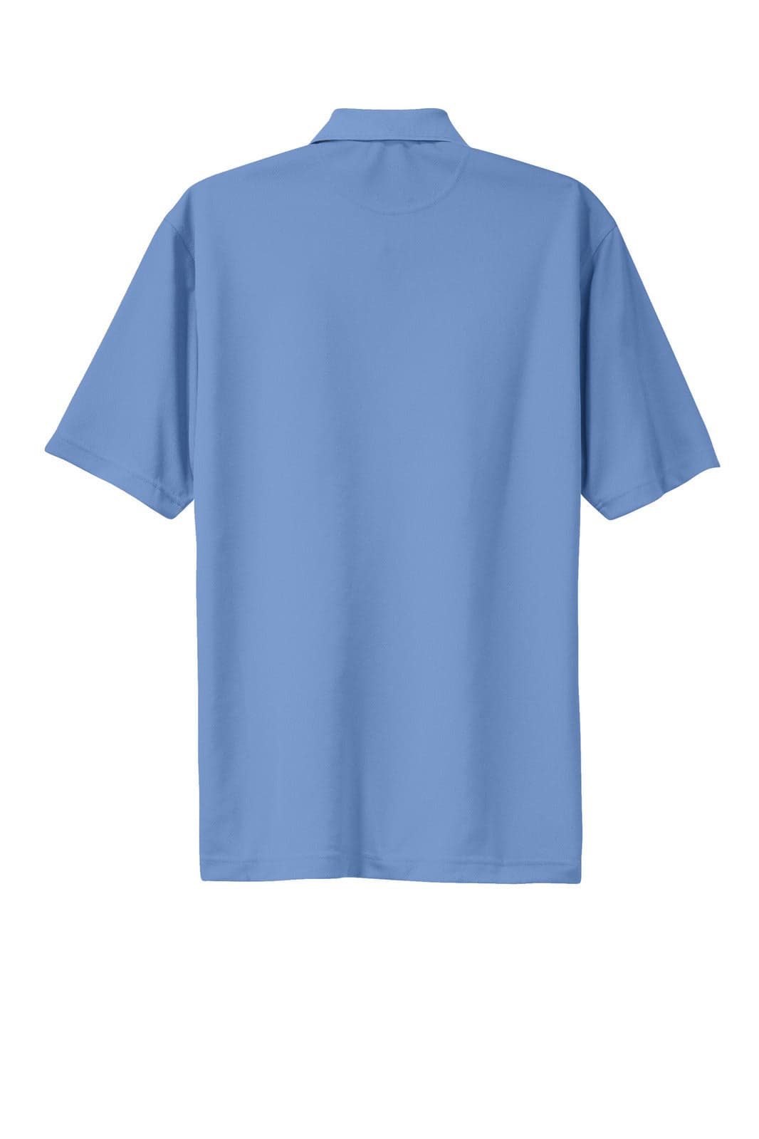 A blue Sport-Tek Dri-Mesh polo shirt, featuring a collar and short sleeves, with a logo on the upper back.