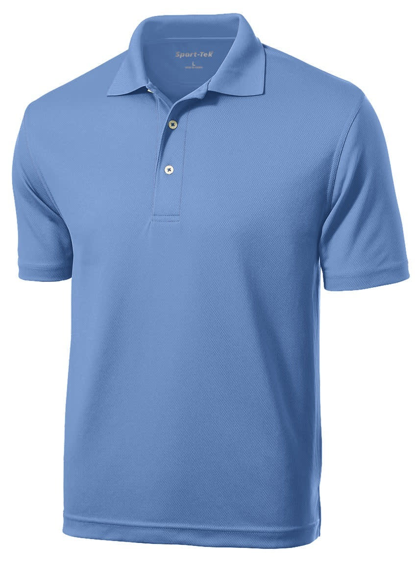 A light blue Sport-Tek Dri-Mesh polo shirt with a collar and three-button placket, featuring a logo on the chest.