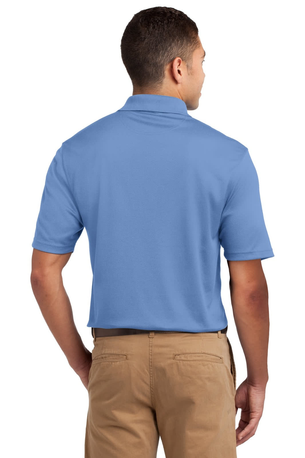 A man is wearing a light blue Sport-Tek Dri-Mesh Polo shirt, with a logo on the front.