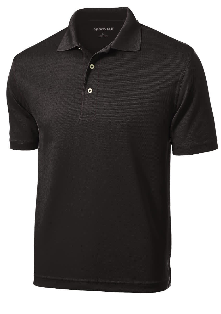A black Sport-Tek Dri-Mesh Polo shirt with a collar and three buttons, featuring a small logo.
