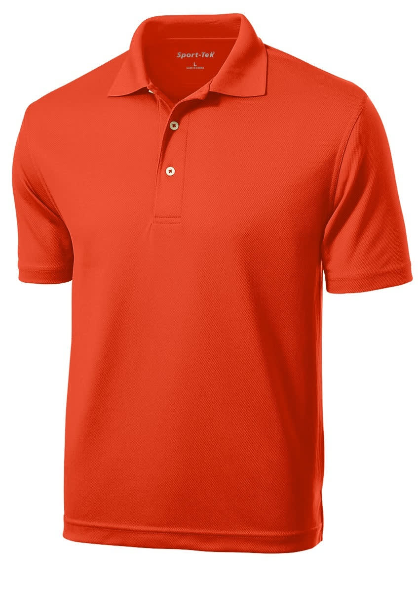 An orange Sport-Tek Dri-Mesh Polo shirt with a collar and three-button placket. Features a logo on the chest.