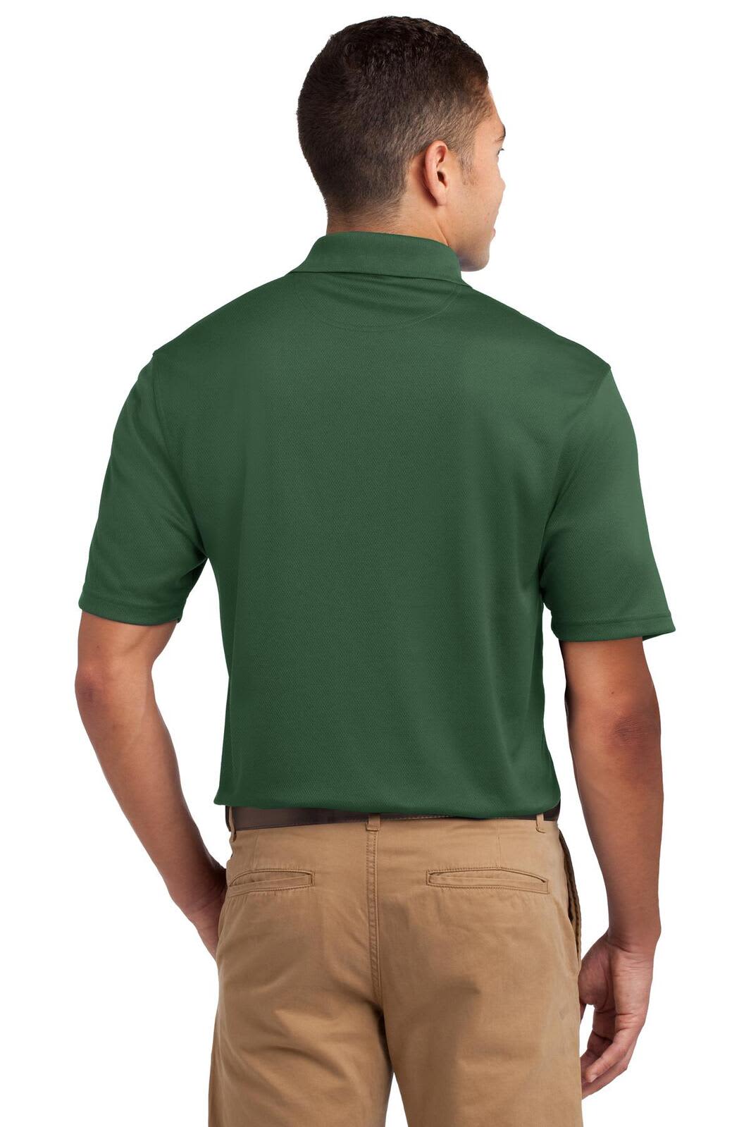 A green Sport-Tek Dri-Mesh polo shirt viewed from the back, featuring a logo on the collar.