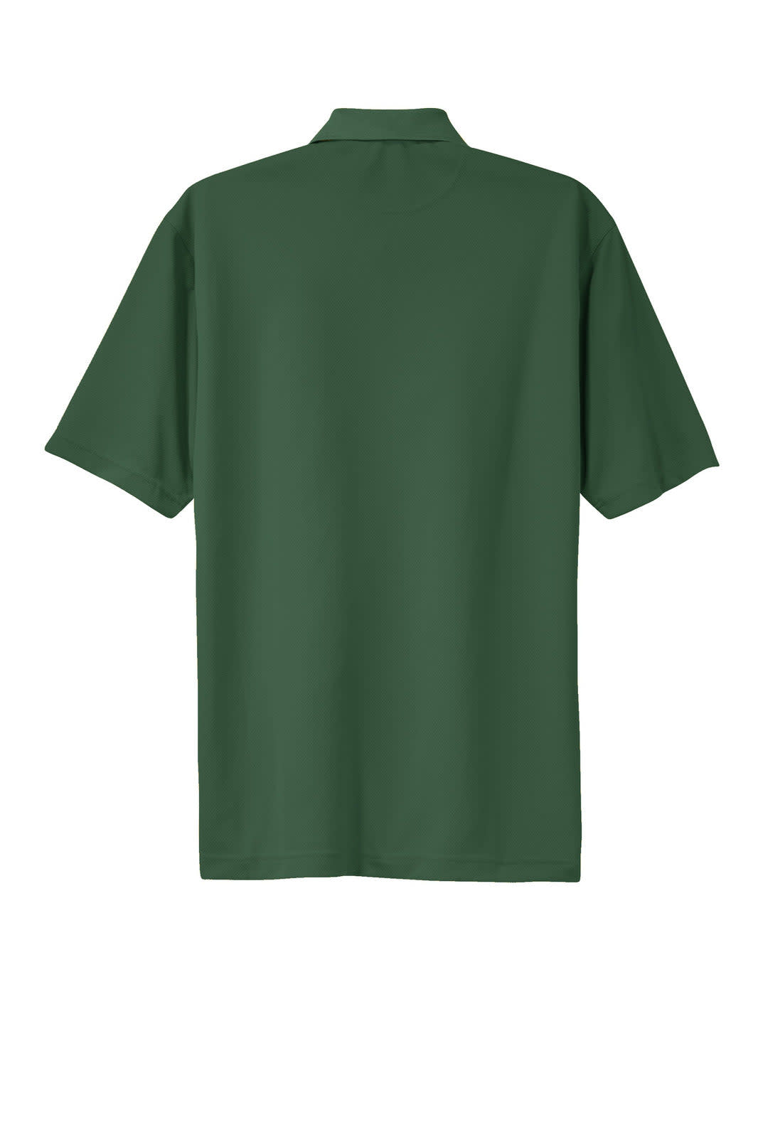 A dark green polo shirt with short sleeves and a collar, featuring a logo on the front.