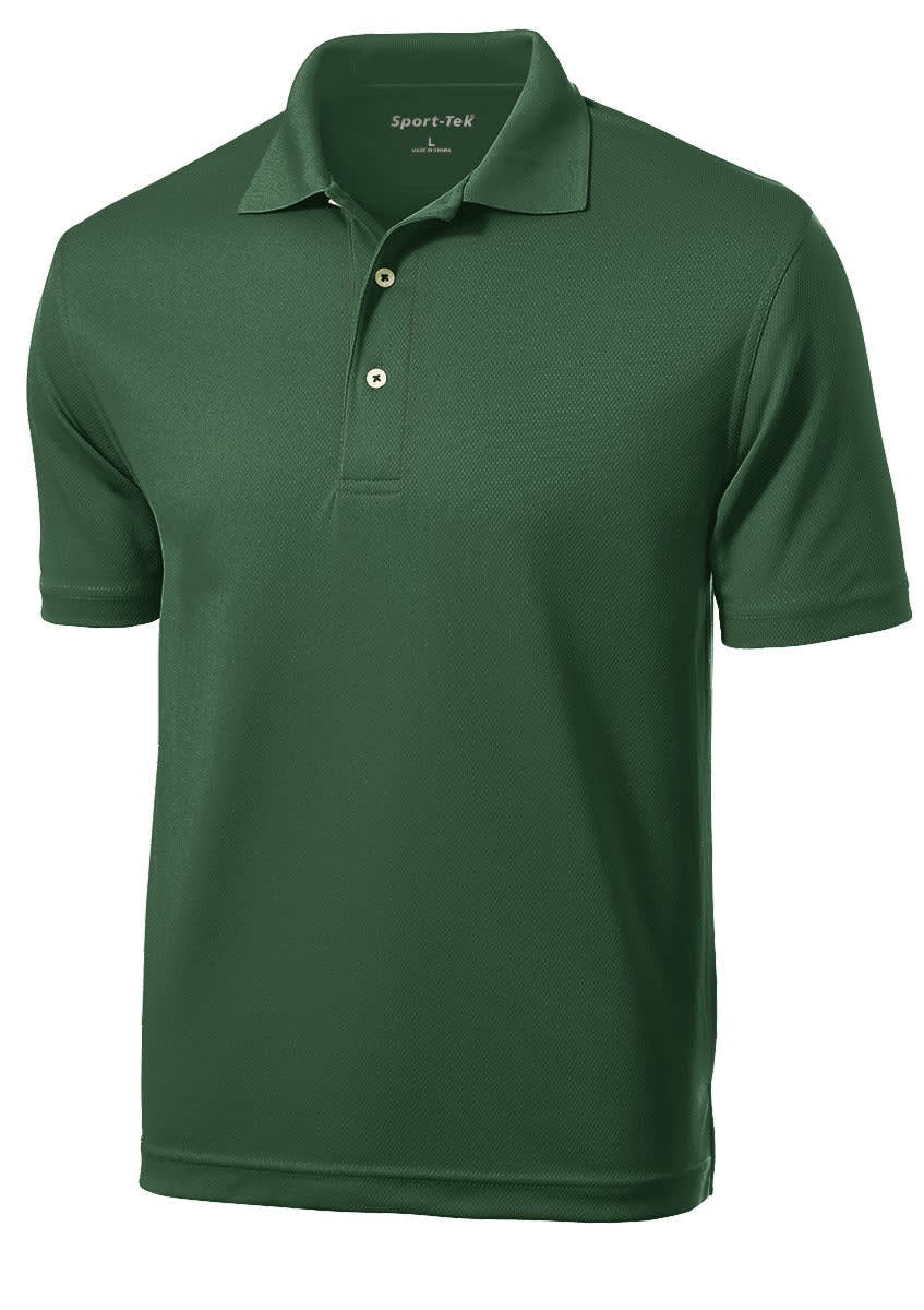 A green Sport-Tek Dri-Mesh polo shirt with a collared neckline and button placket, featuring a logo.