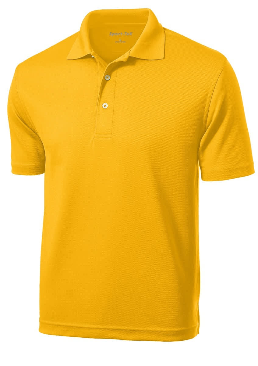 A bright yellow Sport-Tek Dri-Mesh polo shirt featuring a classic collar and a logo.