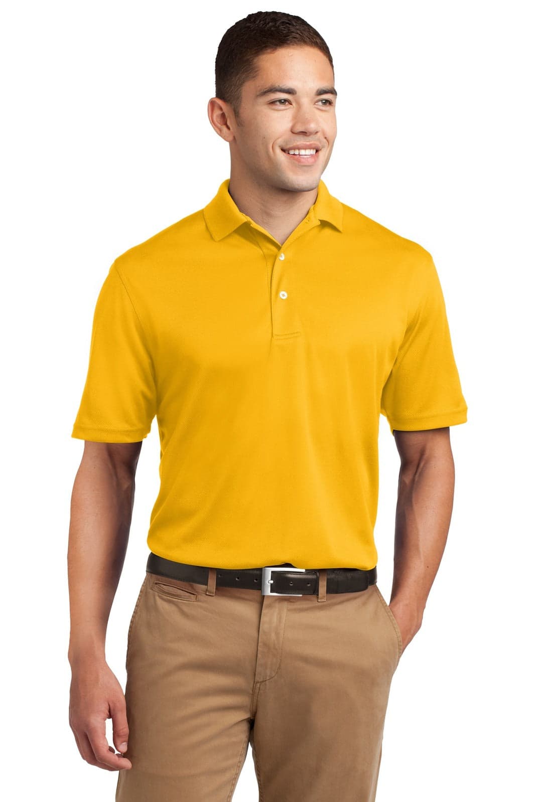 A yellow Sport-Tek Dri-Mesh polo shirt on a male model, featuring a logo and a classic collar.