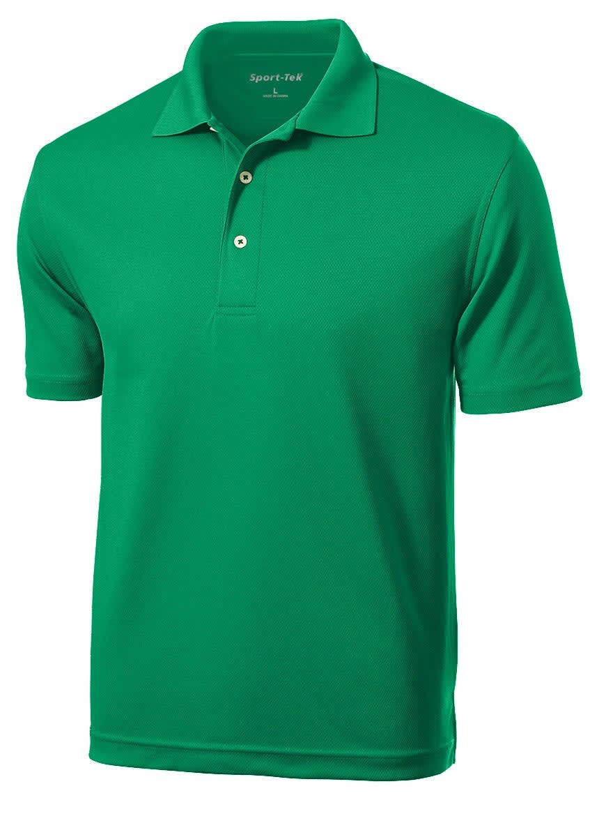 A green Sport-Tek Dri-Mesh polo shirt with a collar and three buttons, featuring a logo.