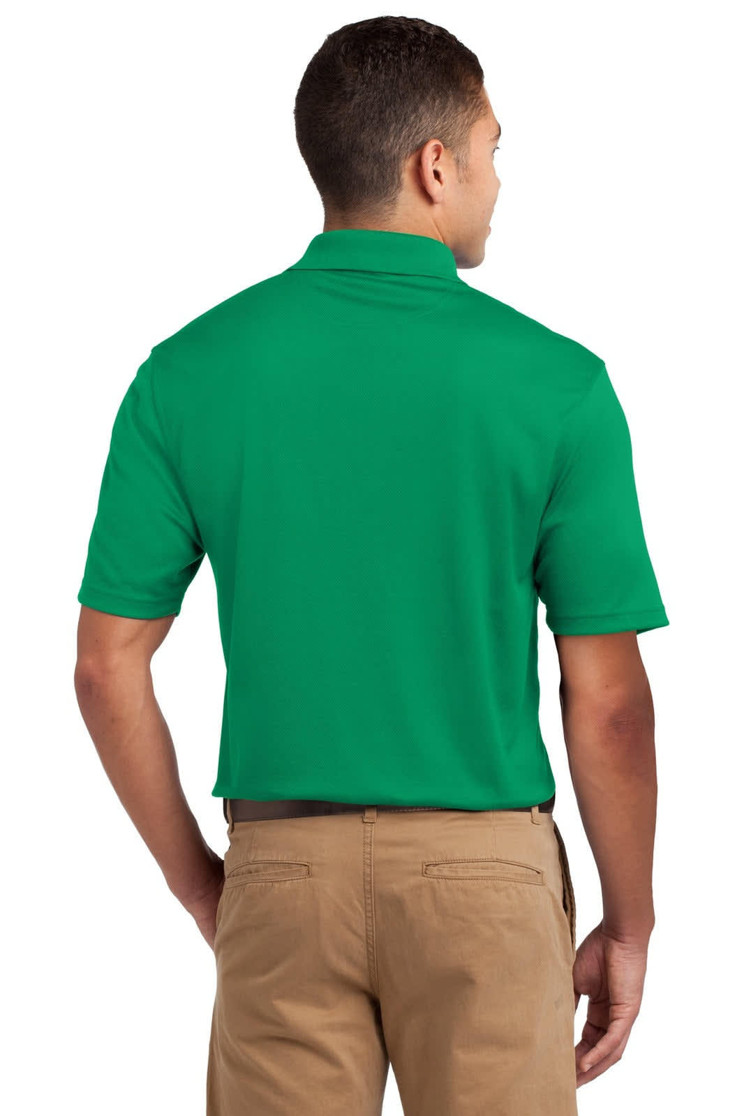 A green Sport-Tek Dri-Mesh Polo shirt, shown from the back, featuring short sleeves and a collar.