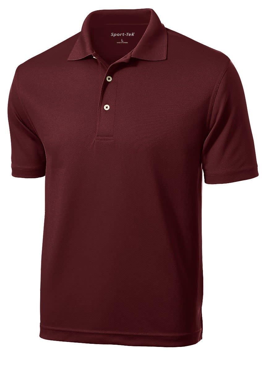 A maroon Sport-Tek Dri-Mesh Polo shirt featuring a collar and buttons, with a logo on the chest.