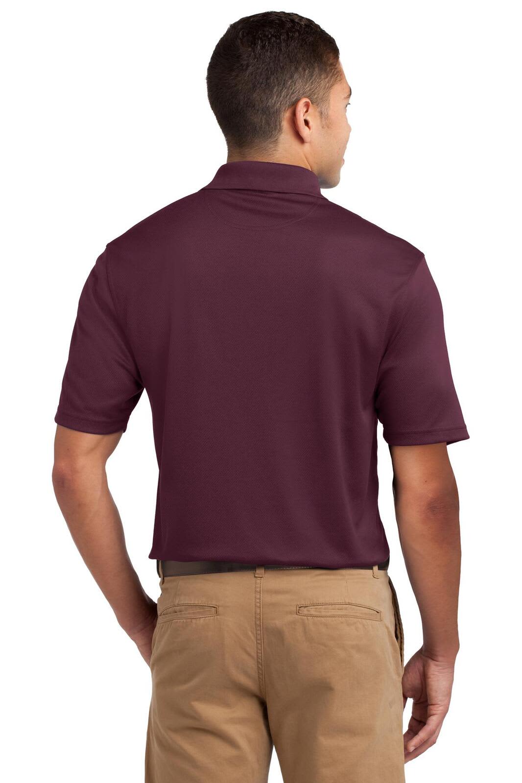 A burgundy Sport-Tek Dri-Mesh polo shirt, featuring a collar and short sleeves, with a discreet logo.