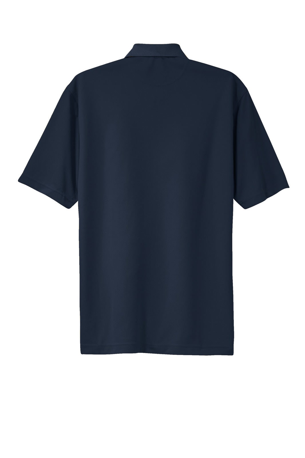 A navy blue Sport-Tek Dri-Mesh Polo shirt featuring a back view. The shirt has a collar and short sleeves.