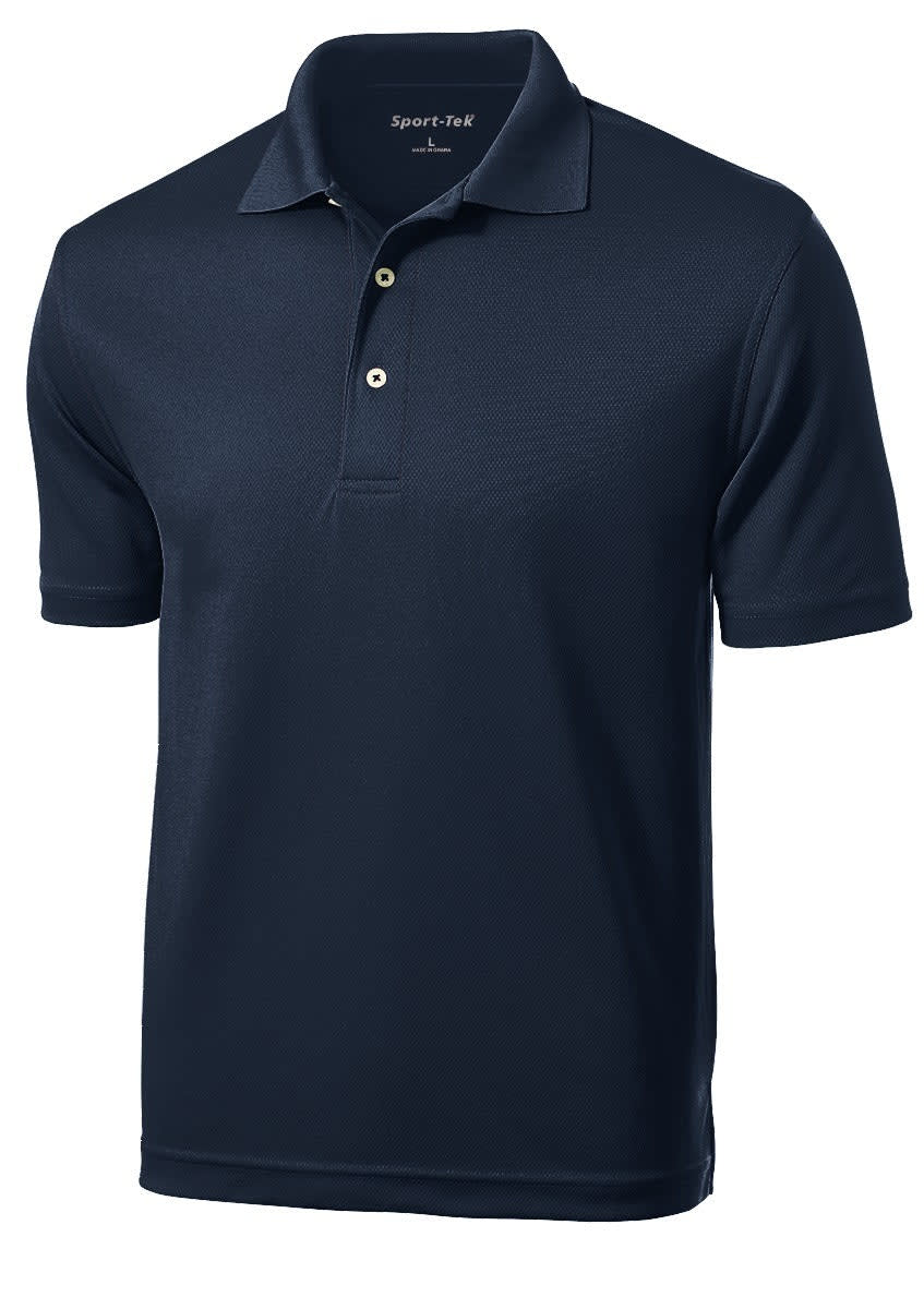 A navy blue Sport-Tek Dri-Mesh polo shirt with a collar and three buttons, featuring a logo.