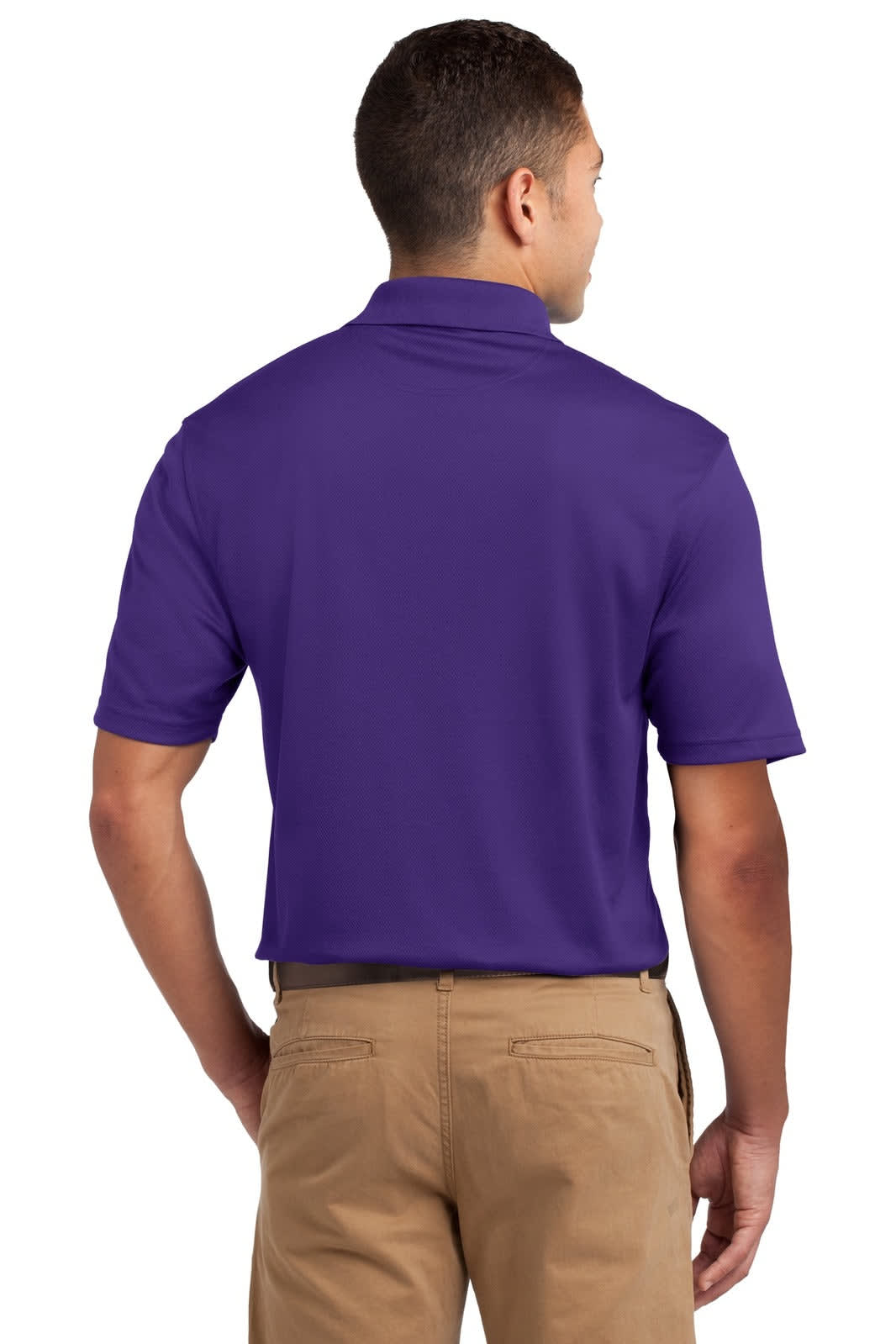 A man wearing a purple Sport-Tek Dri-Mesh Polo shirt, viewed from the back. The shirt has a logo.