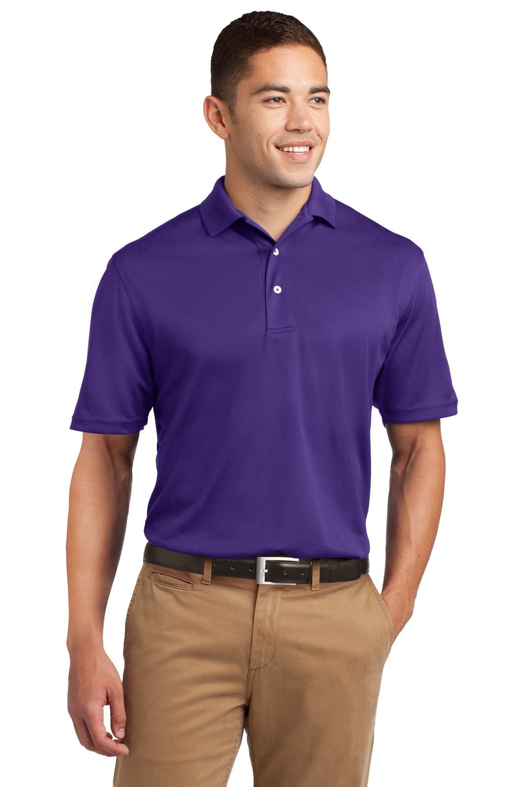 A purple Sport-Tek Dri-Mesh polo shirt on a model, featuring a logo and styled with beige trousers.