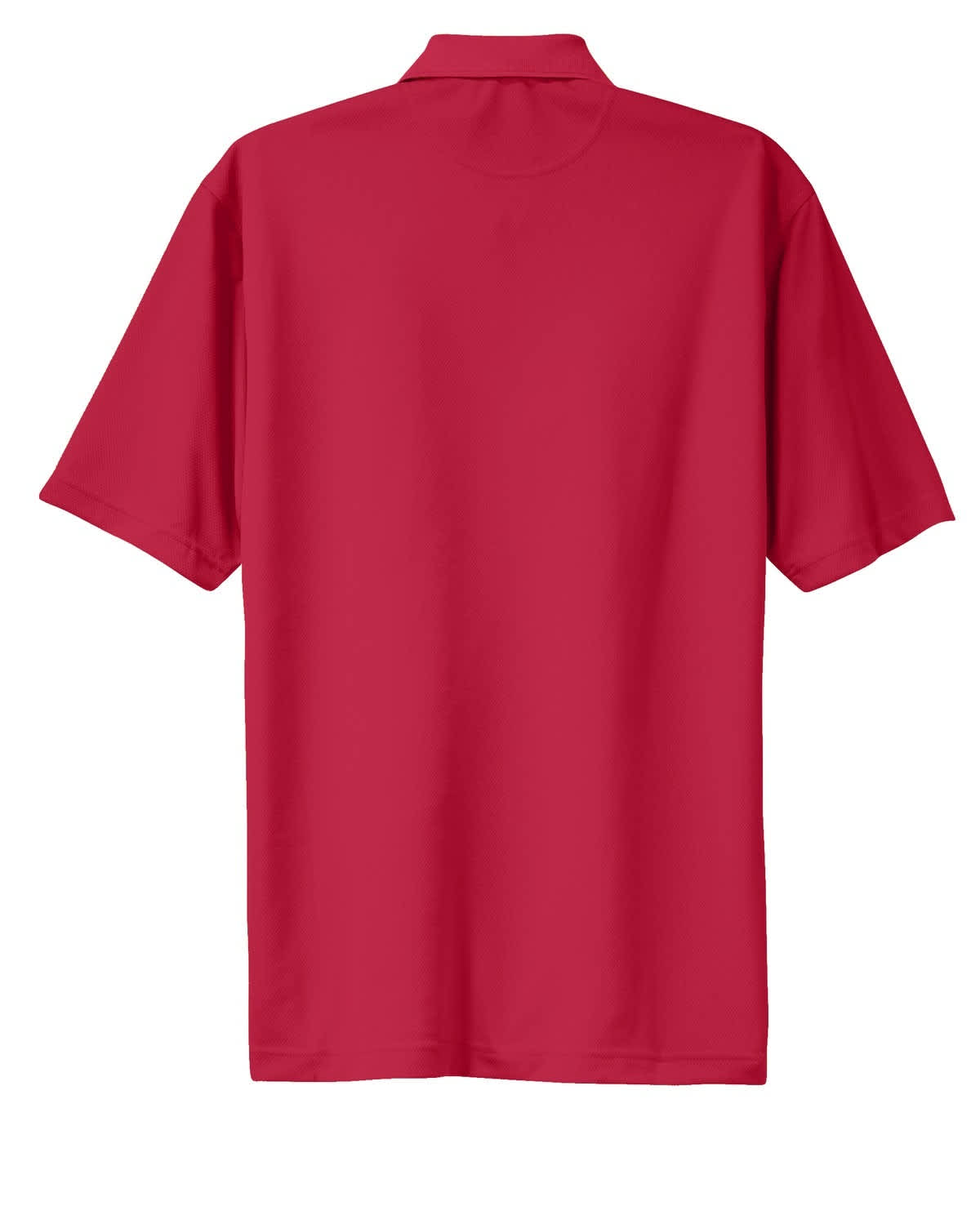 A red Sport-Tek Dri-Mesh Polo shirt featuring a plain back and a collar, with a branding logo.