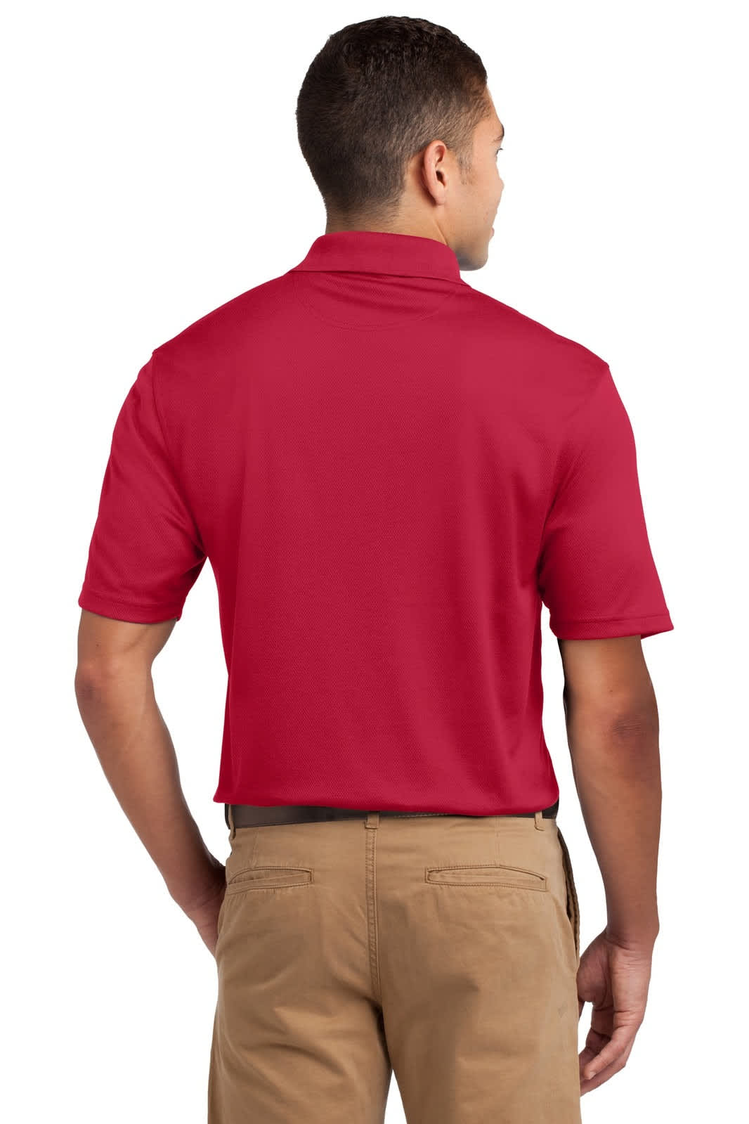 A red Sport-Tek Dri-Mesh Polo shirt viewed from the back, featuring a collar and short sleeves.