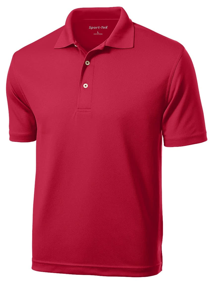 A red Sport-Tek Dri-Mesh polo shirt with a collar and three buttons, featuring a logo on the chest.