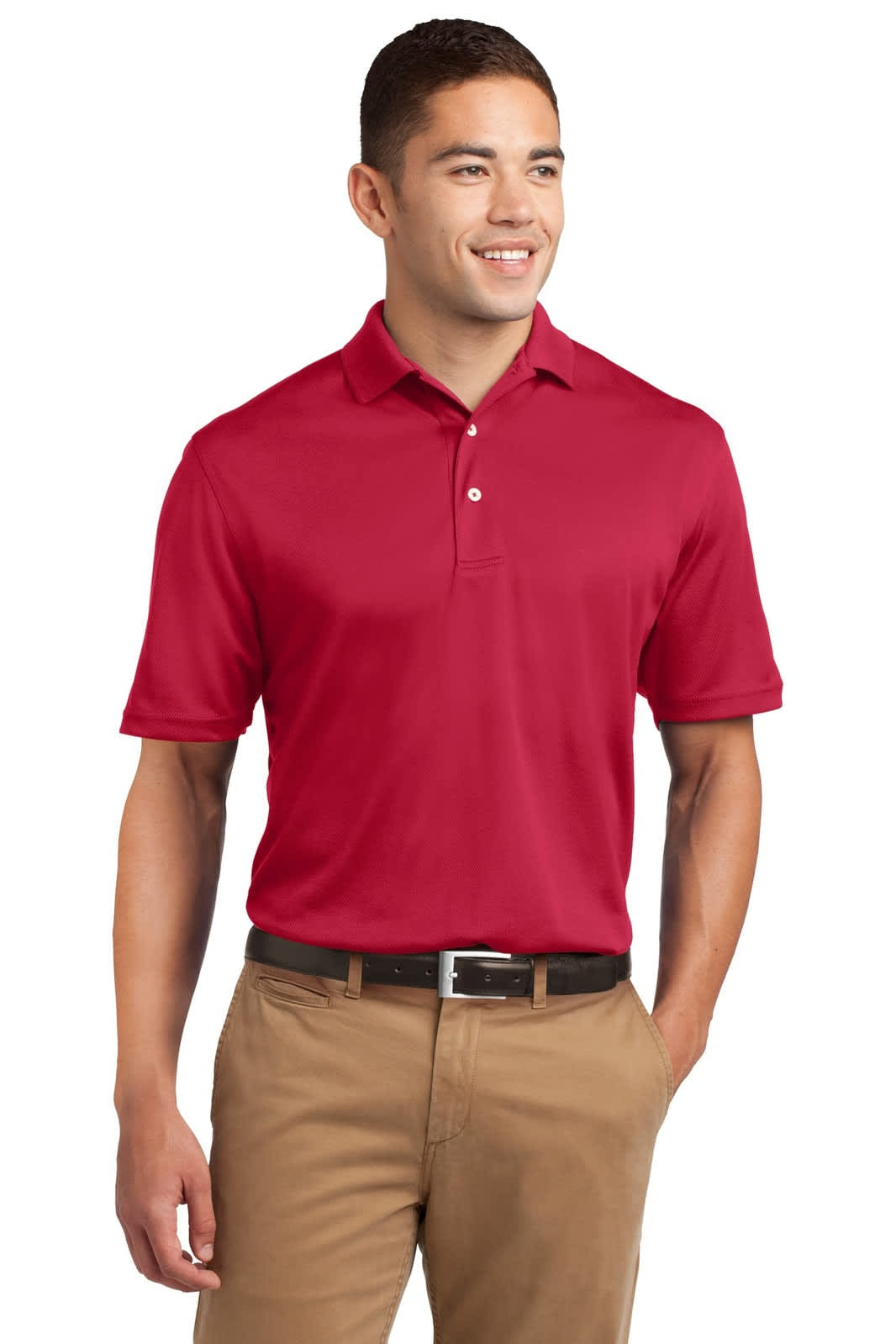 A red Sport-Tek Dri-Mesh polo shirt on a man, featuring a collared neckline and a logo.