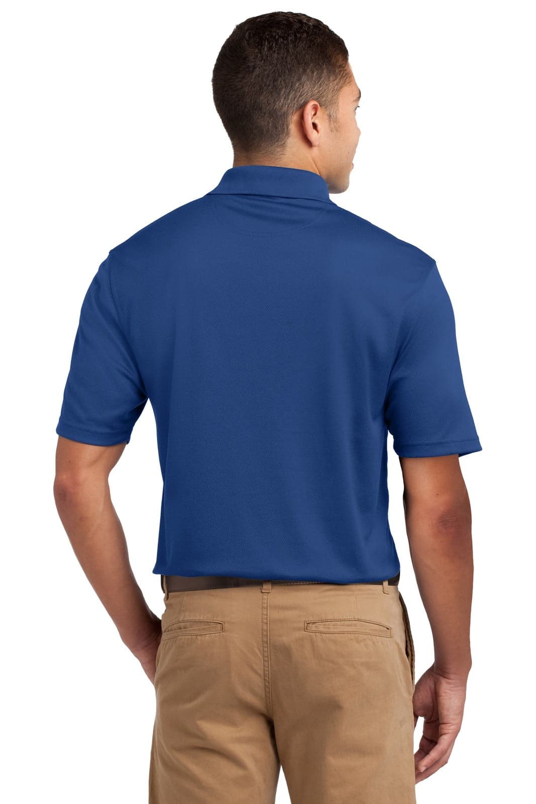 A blue Sport-Tek Dri-Mesh Polo shirt, viewed from the back, featuring a collar and short sleeves.