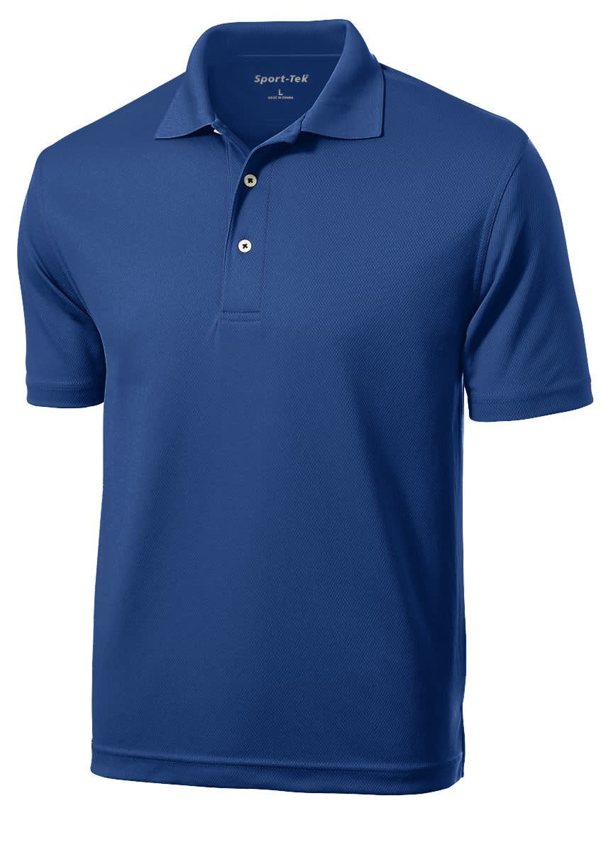 A blue Sport-Tek Dri-Mesh polo shirt with a classic collar and three-button placket, featuring a logo.