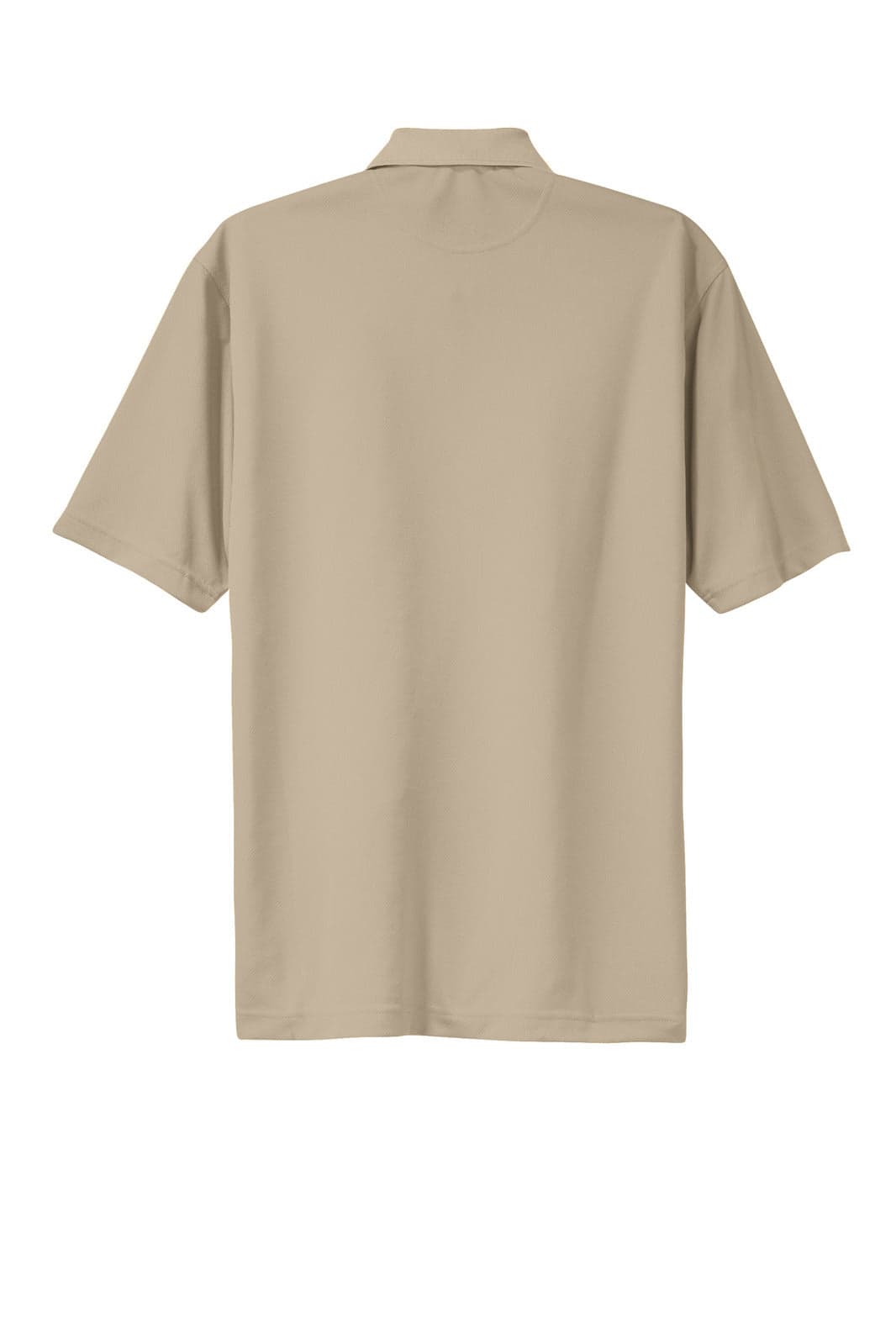 A beige Sport-Tek Dri-Mesh polo shirt displayed from the back, featuring a collar and short sleeves.