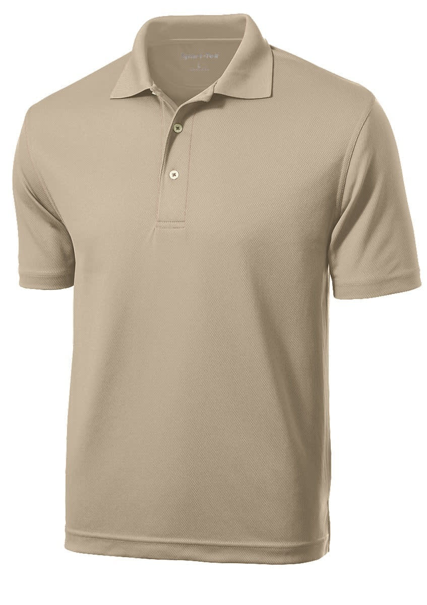 A beige polo shirt with a collar and three buttons, featuring a small logo.