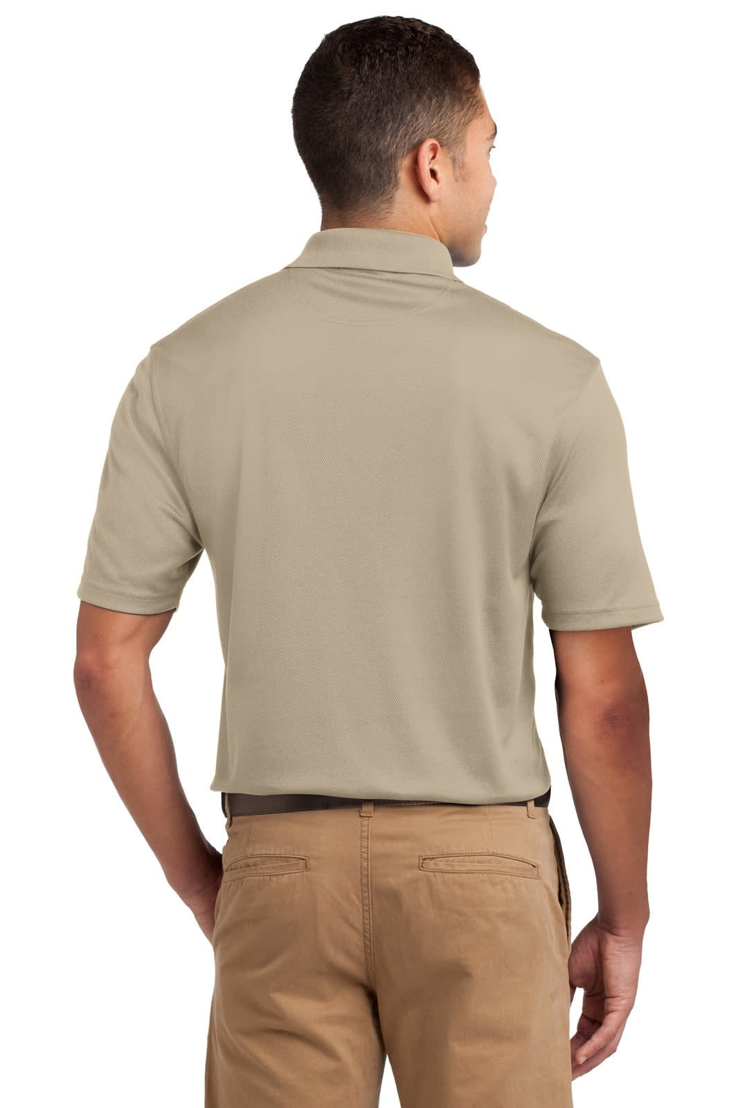 A lightweight, khaki polo shirt with a collar and short sleeves, featuring a logo on the back.
