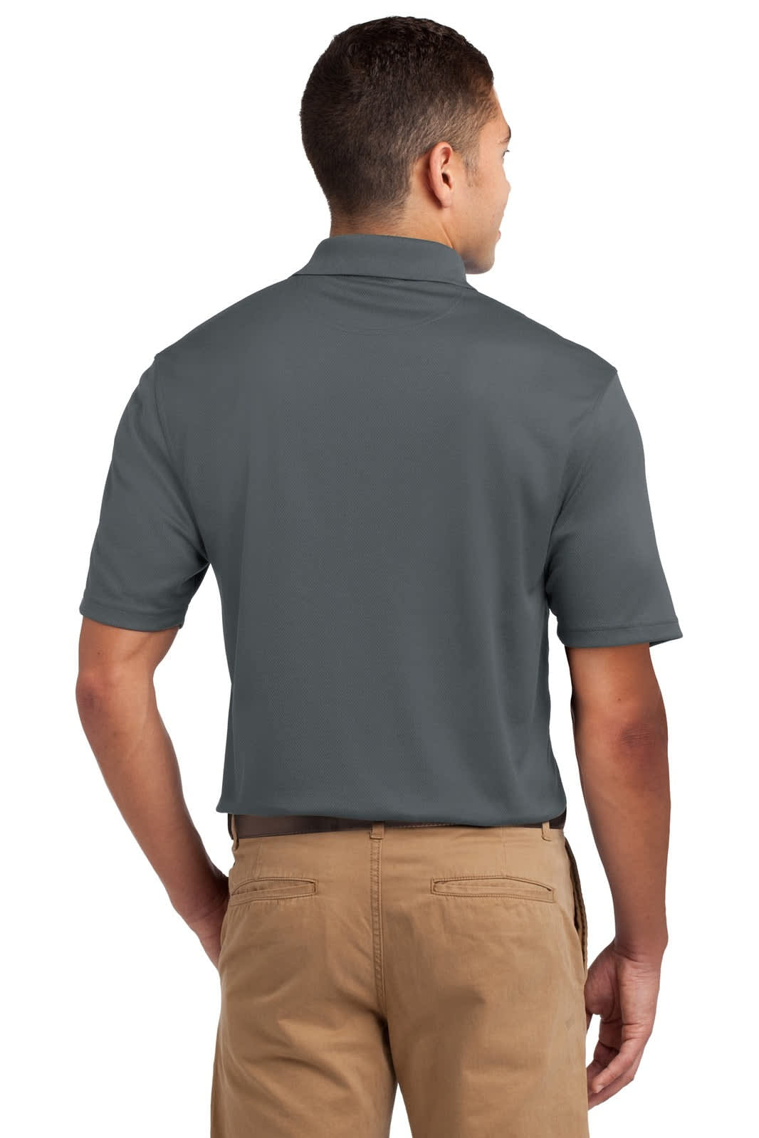 A grey Sport-Tek Dri-Mesh polo shirt, featuring a collar and short sleeves, displayed from the back.