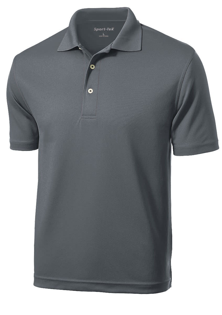 A grey Sport-Tek Dri-Mesh polo shirt with a collar and a logo.